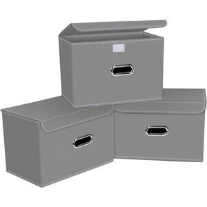 Linen Fabric Storage Cubes w/ Lid & Leather Handles - Foldable, 3-Piece Set,Grey